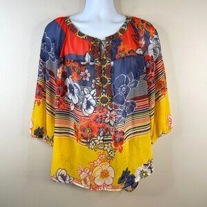 Fig Flower Womens Boho Mixed Print Floral Tunic Top Size 1X Pullover 3/4 Sleeve